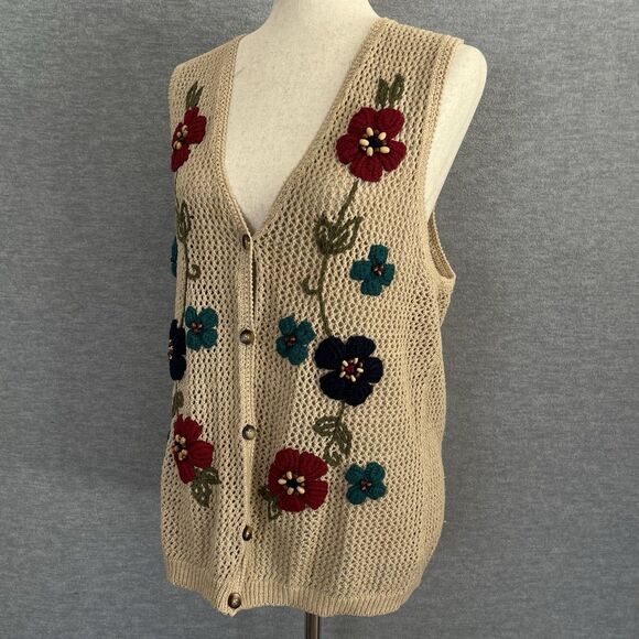 Jantzen Crochet Sweater Vest Womens M 3D Knit Floral Boho Hippie Cottagecore Vtg - Picture 4 of 15